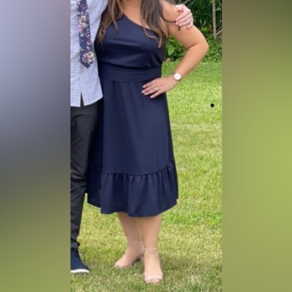 Navy Blue classic one shoulder midi dress